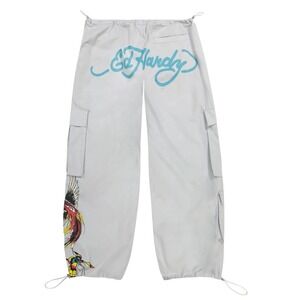 Ed Hardy Butterflies Poplin Cargo Pants Light Grey Medium Y2K Streetwear NWT